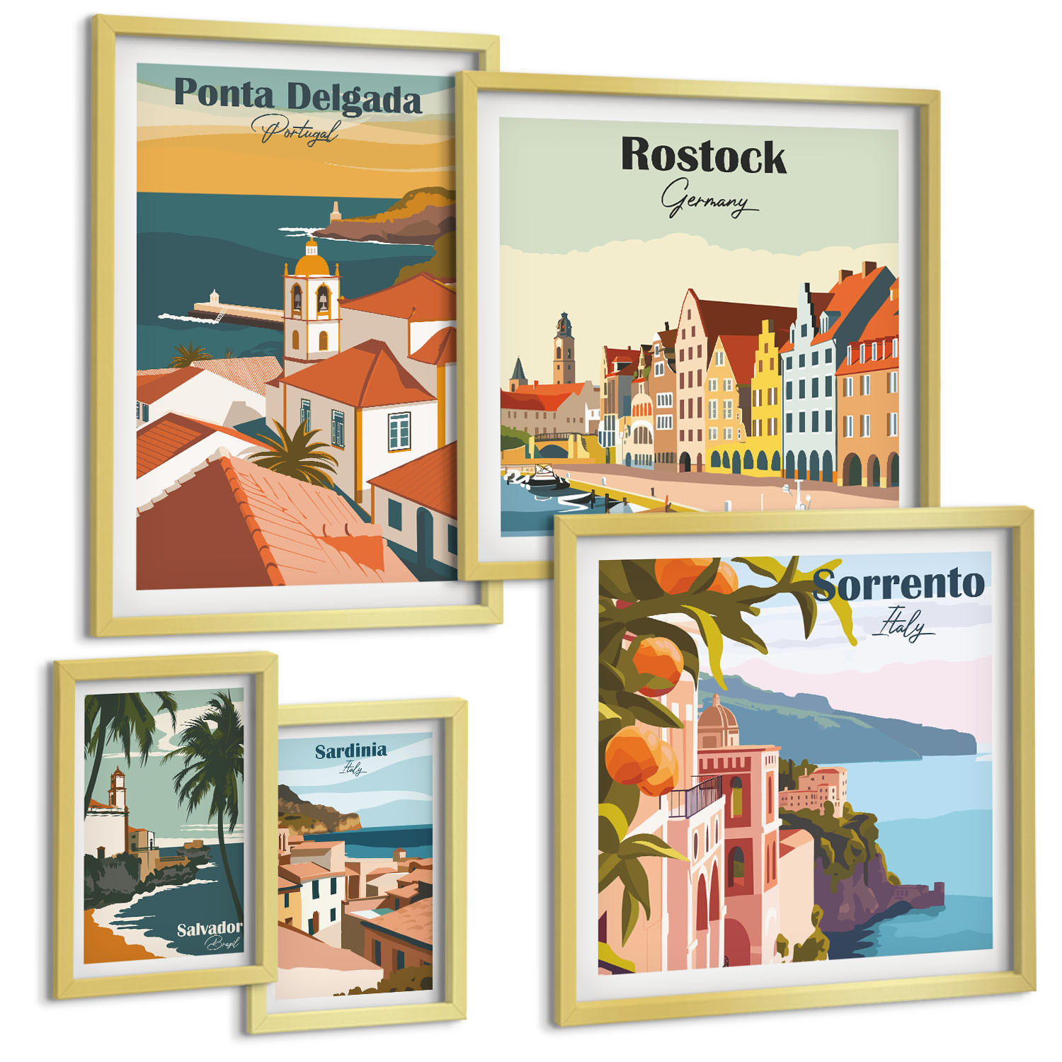 BILDER SET 5er Set - 50x50 cm & 20x30 cm & 40x60 cm Goldrahmen - Tropische Strände und Palmen - Goldfarben, Kunststoff (40/60cm) - TULUP