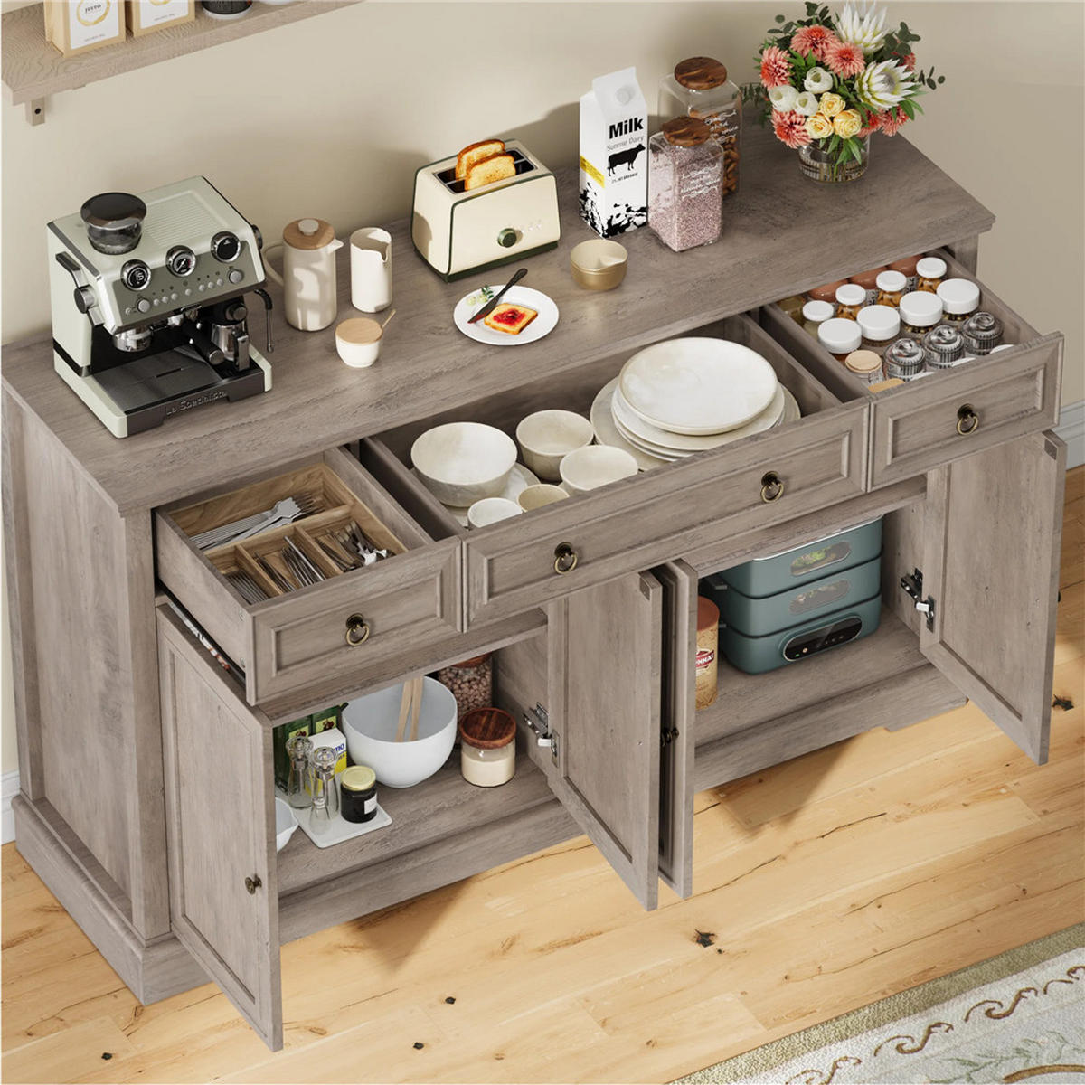 SIDEBOARD 134/87/40 cm Küchenschrank mit 3 Schubladen, Retro - Hellbraun, Holz (134/87/40cm) - Coonoor