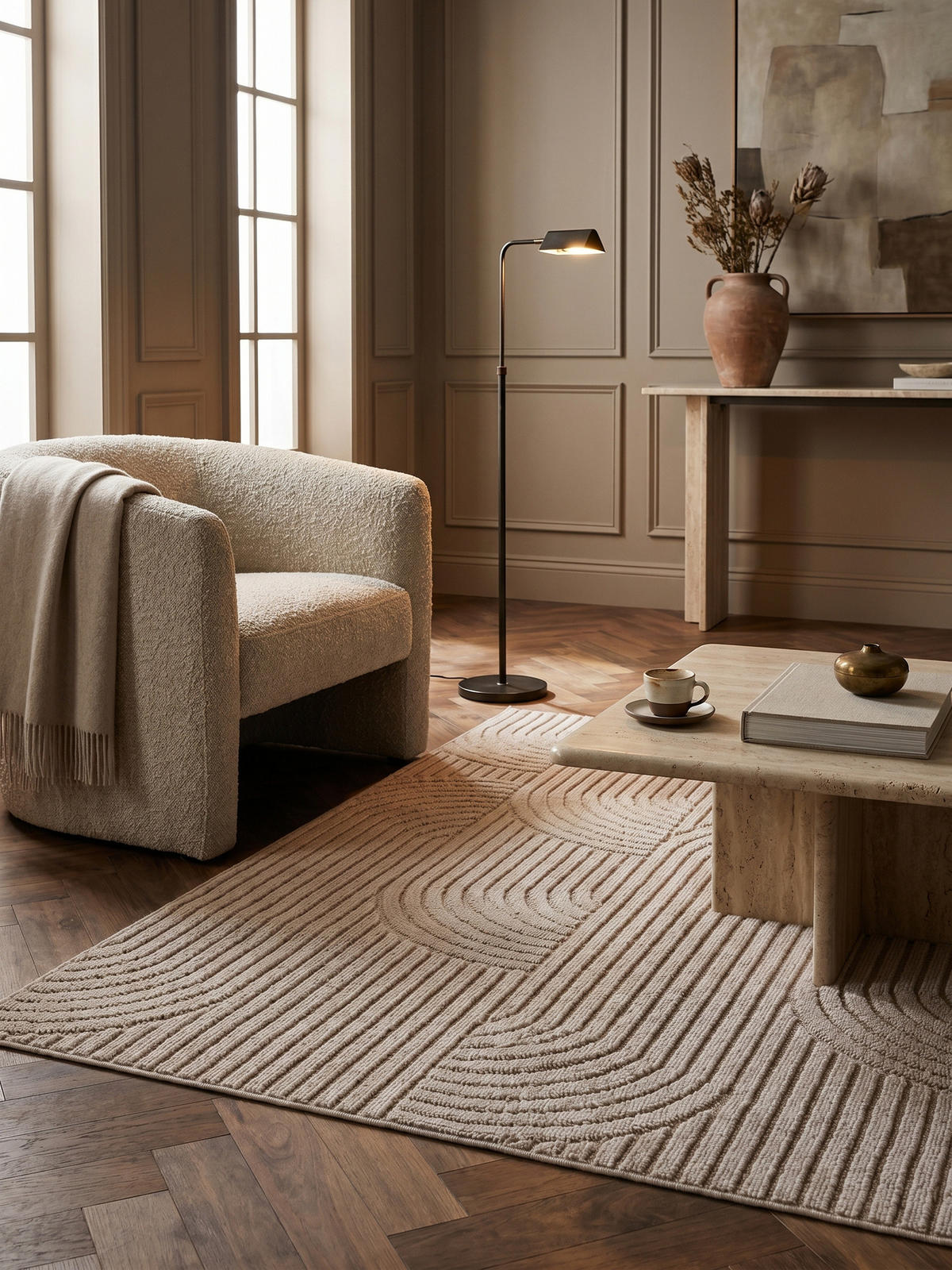 TEPPICH Flachgewebe LANGAU in Beige, mit geometrischen Bögen, 140 x 200 cm - Beige, Textil (140/200cm) - KADIMA DESIGN