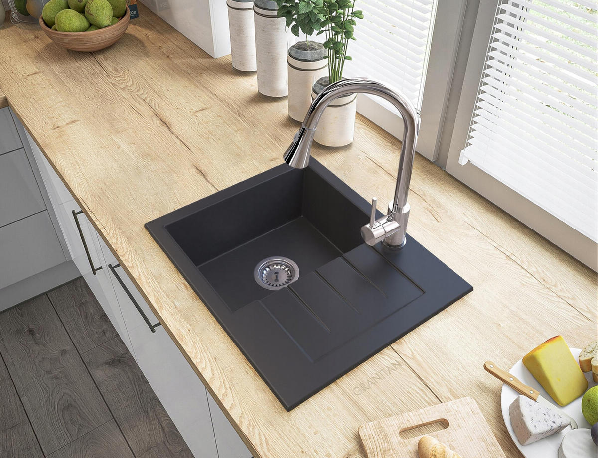 SPÜLBECKEN MILANO mit Batterie Siphon - Schwarz, Kunststoff/Stein (46/16/57cm) - Granitan