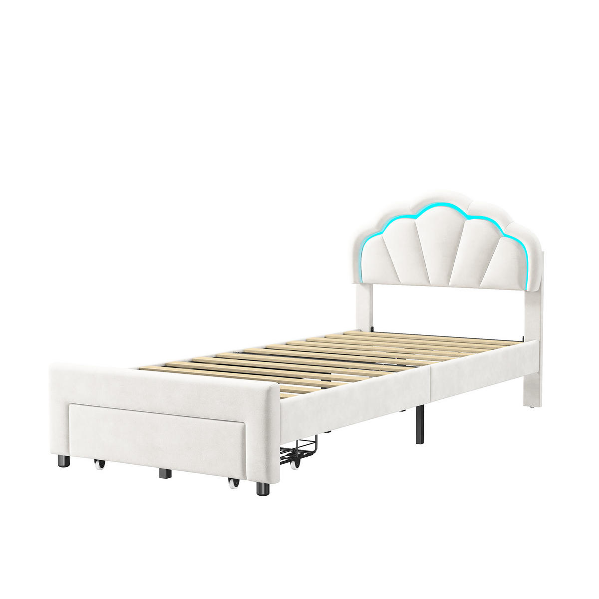 POLSTERBETT 90 × 200 mit Stauraumschubladen, Kinderbett mit LED-Leuchten, Holzlatten und Blütenkopf, Weiß - Weiß, Holz/Holzwerkstoff (90/200cm) - BursDany