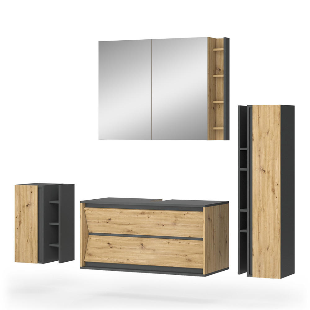 BADMÖBEL-SET Edelin Anthrazit/Artisan 4 Teile - Anthrazit/Hellgrau, Holzwerkstoff (100/50/45cm) - Vicco