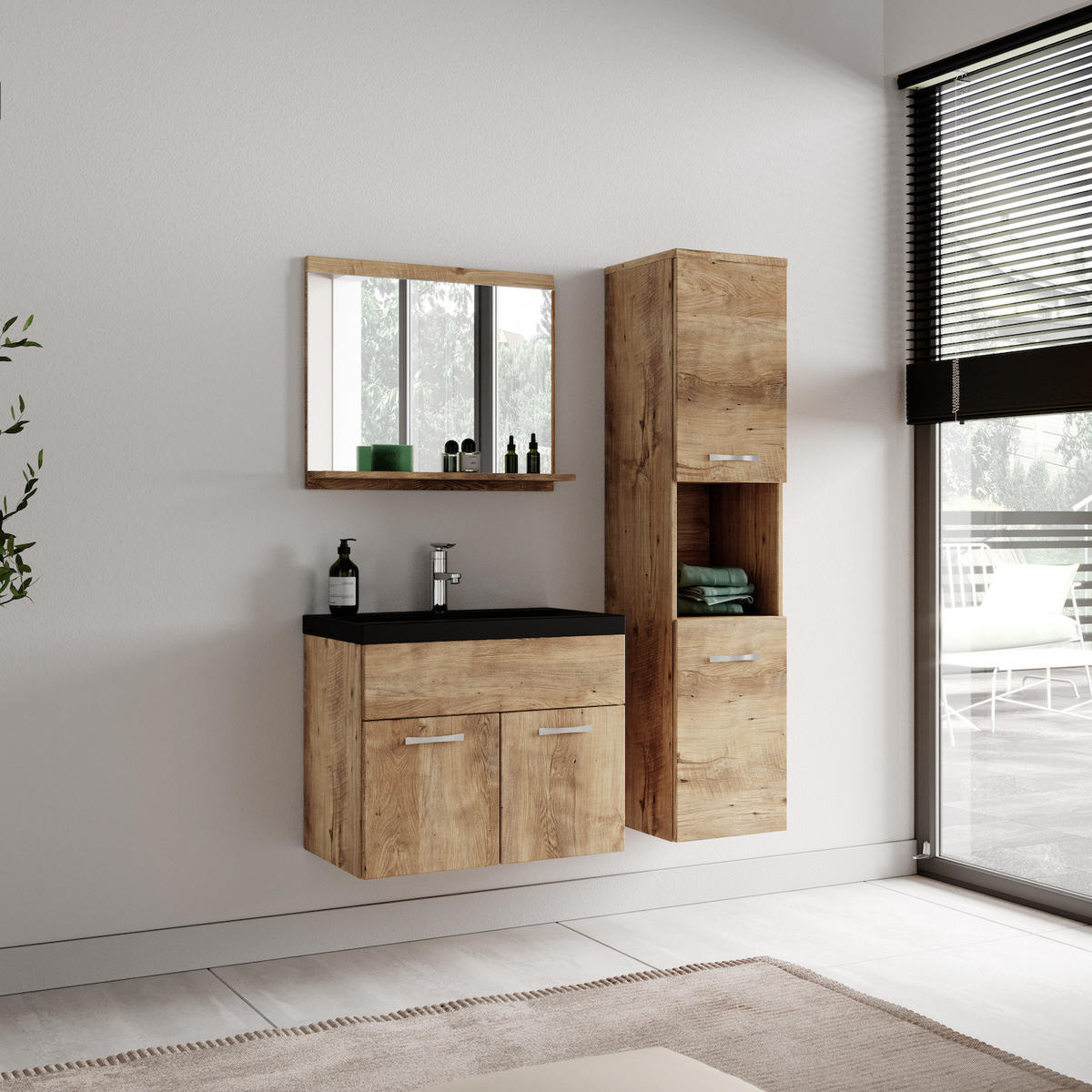 BADMÖBEL-SET Montreal 4 Teile Kastanien Eiche - Schwarze Waschbecken - 60 x 35 x 51 cm - Eichefarben/Schwarz, Holz (60/51/35cm) - Badplaats