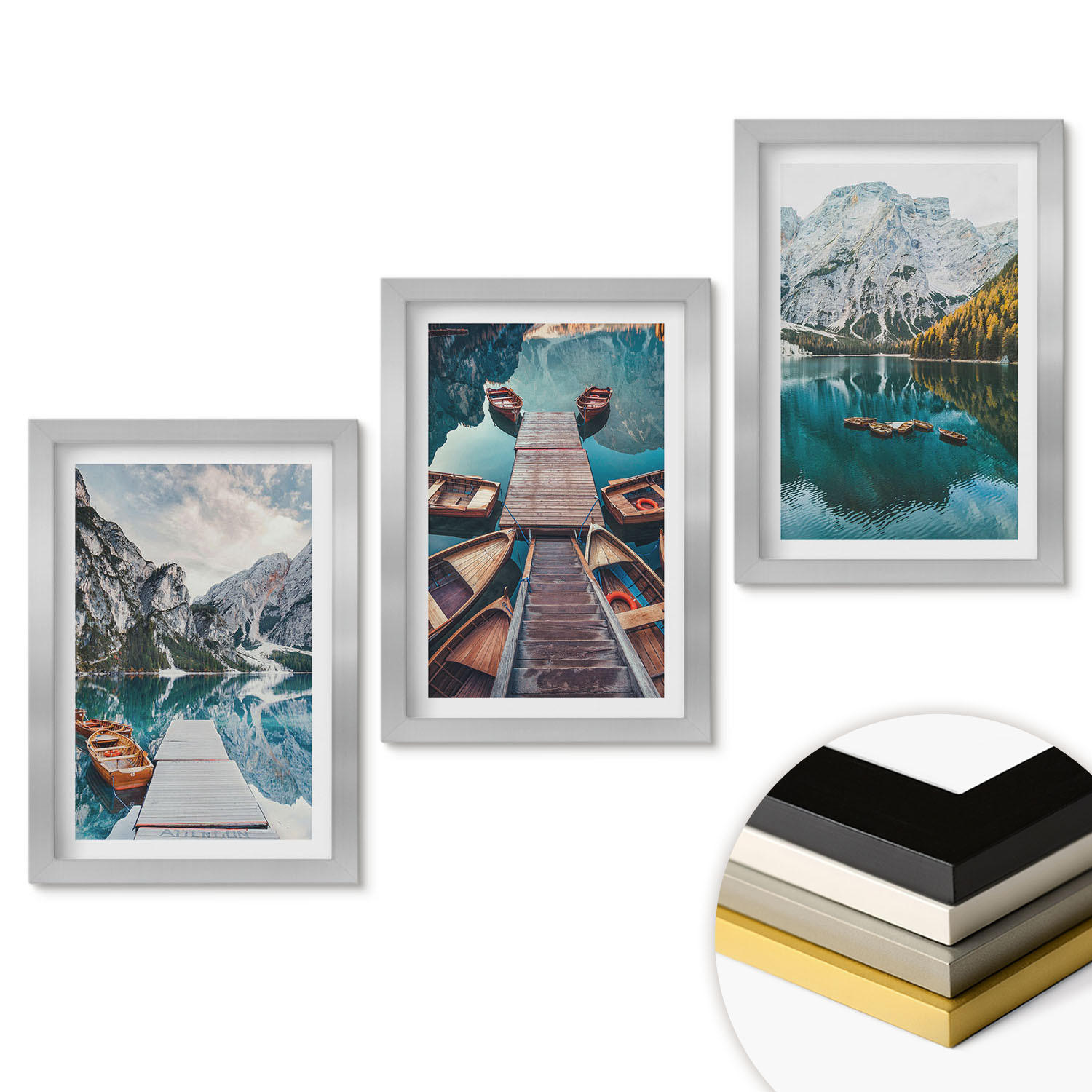 WANDBILDER 3er Set - 20x30 cm Silberner Rahmen - See, Brücken, Berge - Silberfarben, Kunststoff (20/30cm) - ArtPrintCave