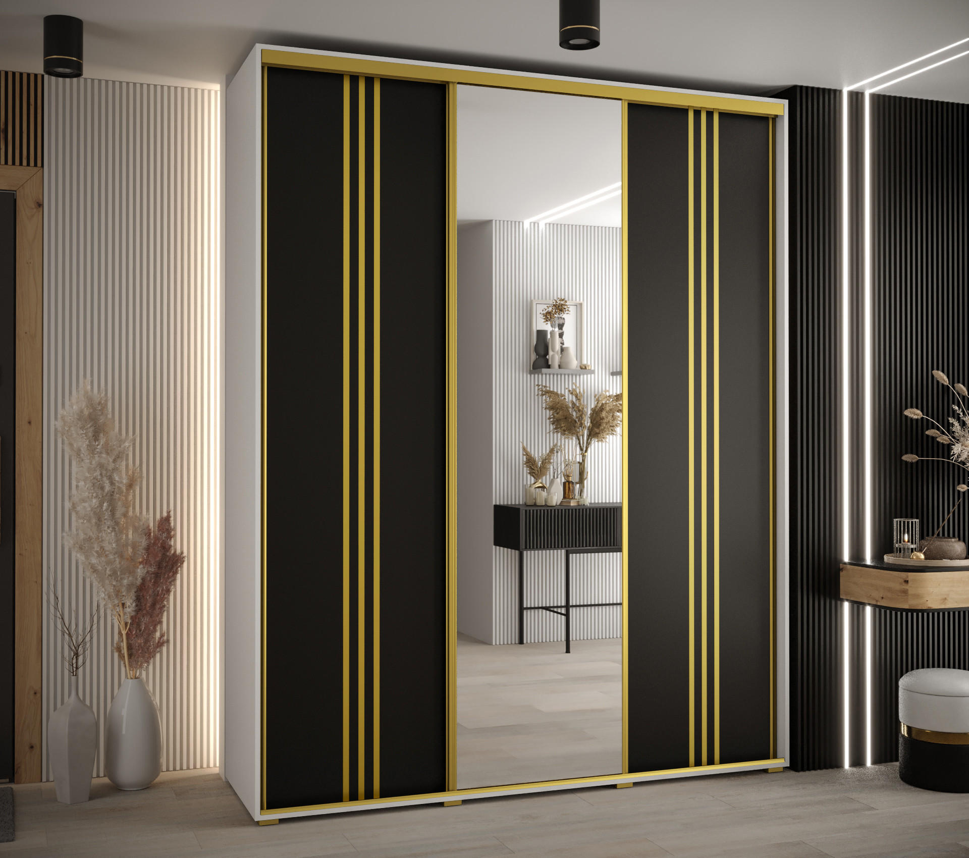 SCHWEBETÜRENSCHRANK 235,2/190/45 3-türig - Goldfarben/Schwarz, Holz/Metall (190/235/45cm) - Abiks Möbel