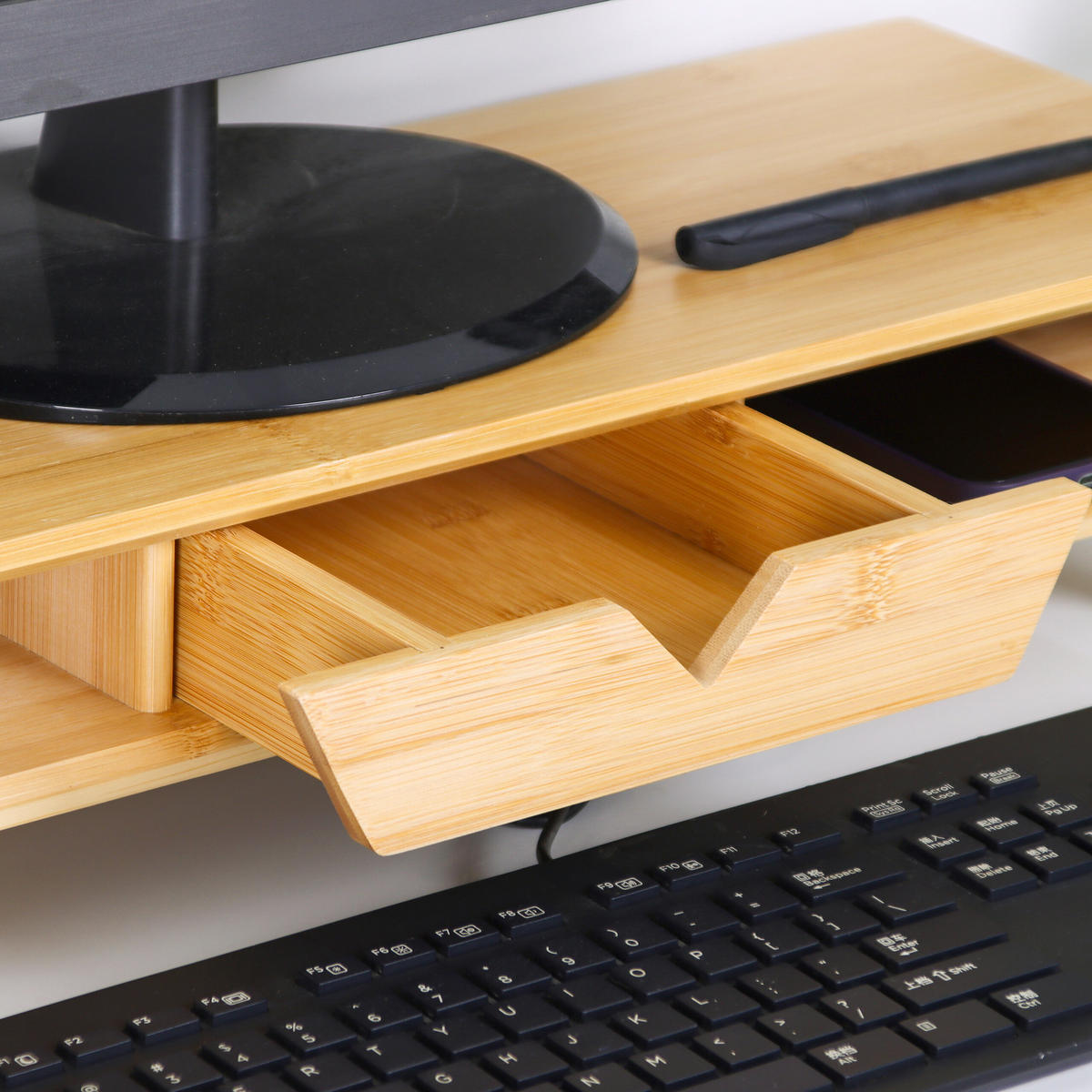 MONITORSTÄNDER Natur Bambus mit Schublade - Hellbraun, Holz/Holzwerkstoff (20.5/62/13cm) - Relaxdays
