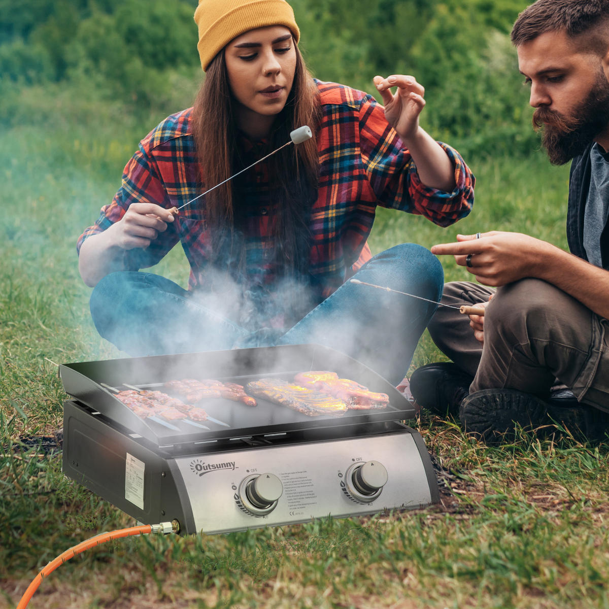 GASGRILL BBQ mit 2 Brennern, Edelstahl+Metall, Silber, 48,5 x 46 x 21 cm - Silberfarben, Metall (48/21/48.5cm) - Outsunny