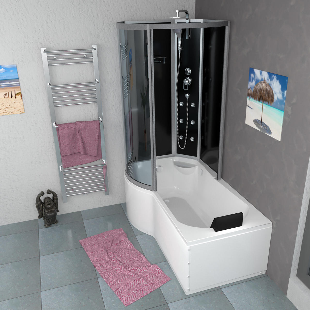 DUSCHKABINE mit Wanne K50-R30-EC Schwarz 100x170 - Schwarz, Glas/Kunststoff (98/170/225cm) - AcquaVapore by Sandra Jentho
