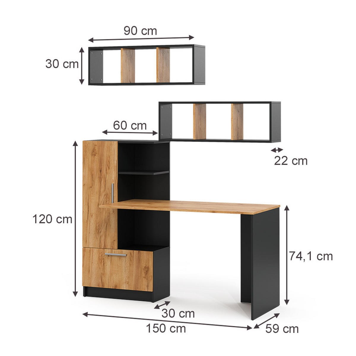 SADA PÍSACIEHO STOLA Tomy, antracitová/Dub Goldkraft, 150 x 59 cm Sada 3 kusov ako 2 police + stôl - dub medový/antracitová, kompozitné drevo (59/150/120cm) - Vicco