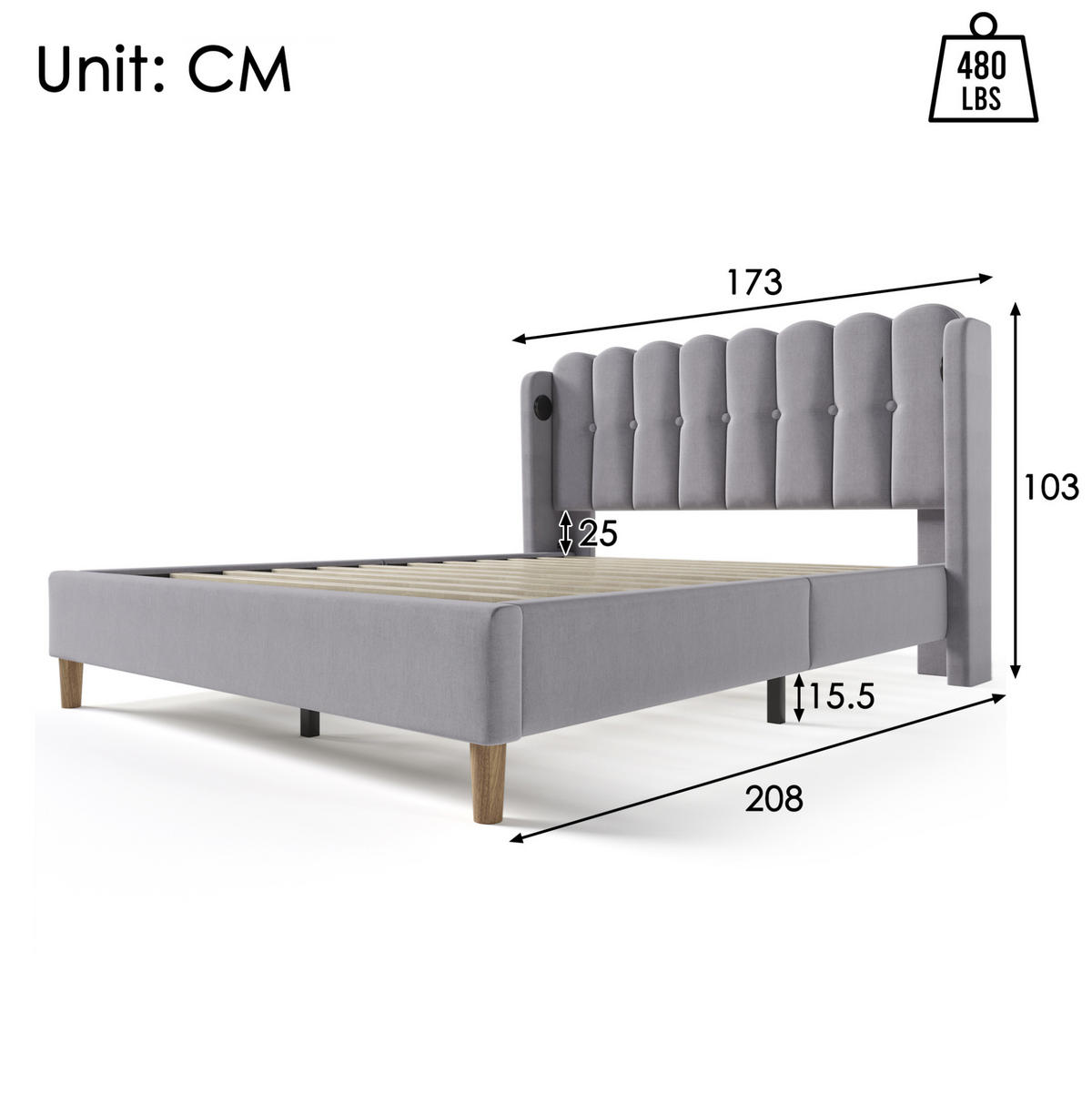 POLSTERBETT 160/200 cm Grau mit Matratze und USB- und Type-C-Anschlüssen - Grau, Textil (160/200cm) - Flora Grace