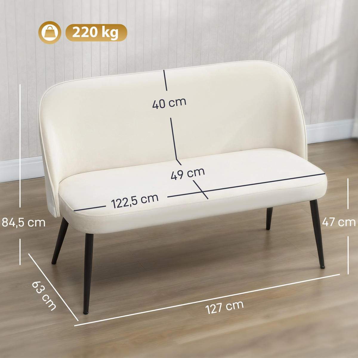 SOFA 2-Sitzer kleine Couch 127 cm mit Samtoptik, geschwungene Rückenlehne Beige - Beige/Schwarz, Textil/Metall (63/84.5/127cm) - HOMCOM