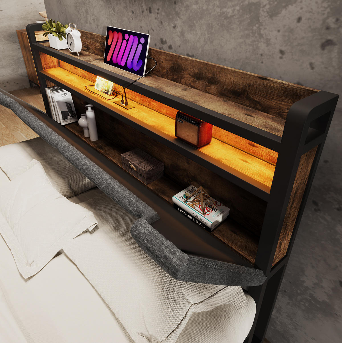 BETT aus Leinen 140x200 cm Grau mit LED, USB-C, Stauraum-Kopfteil und 2 Schubladen - Grau, Textil (140/200cm) - Modfu