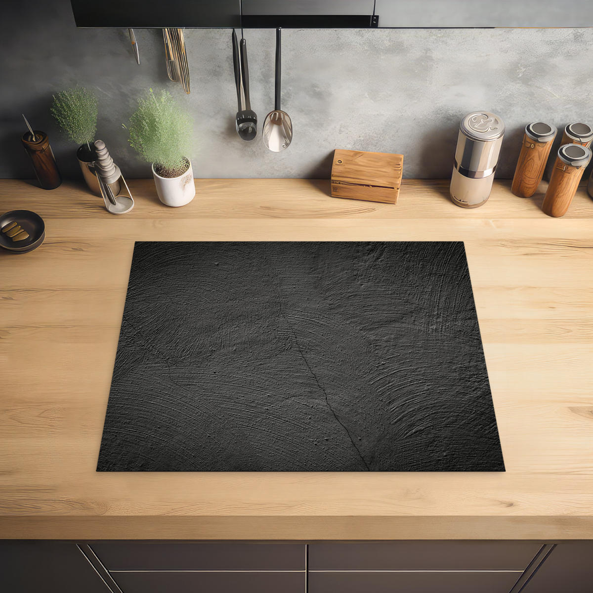 HERDABDECKPLATTE Beton - Schwarz - Industriell Herdabdeckung Induktionsfeld 65x52 cm - Anthrazit, Kunststoff (65/52/0.2cm) - MuchoWow