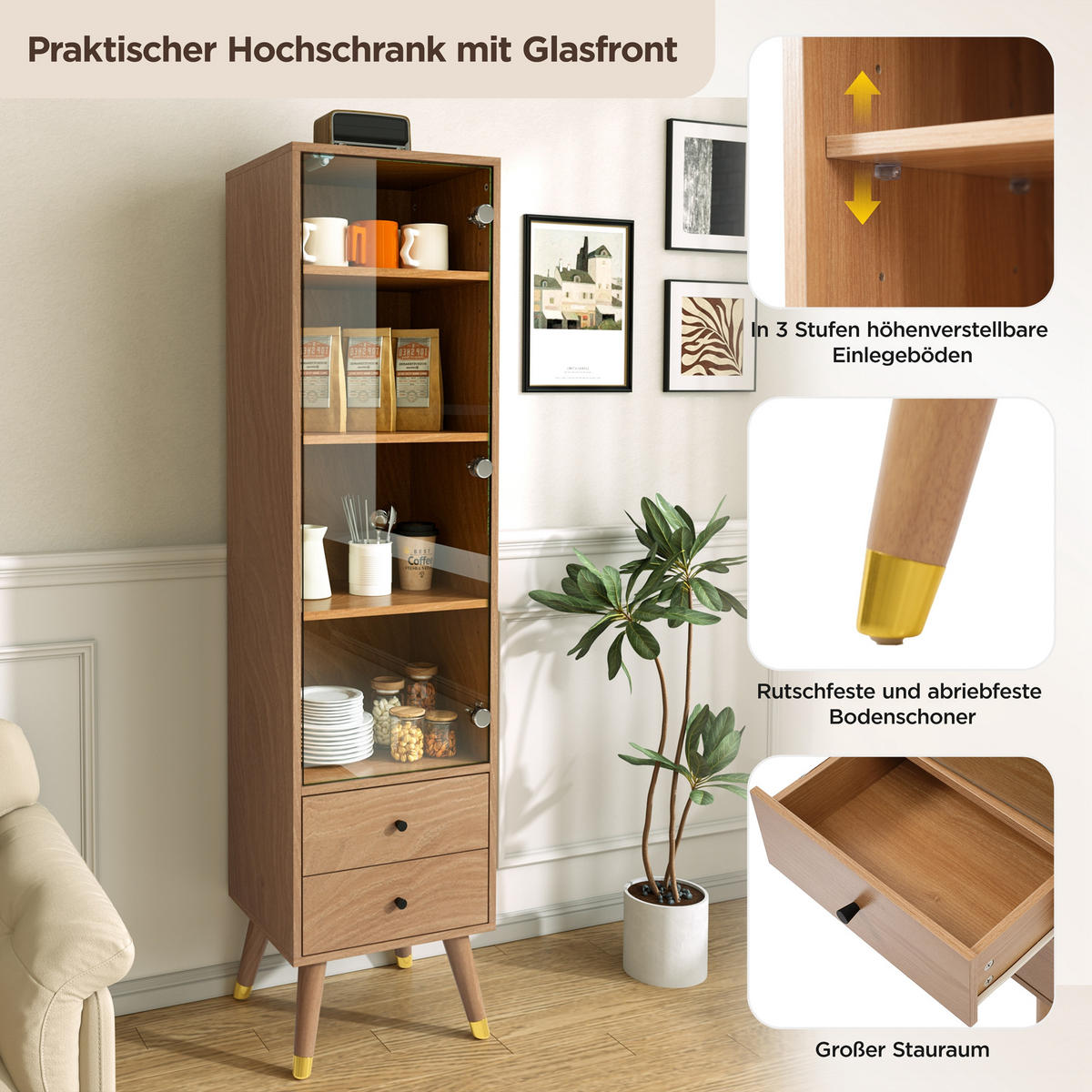 VITRINE in Naturfarben mit Glastür und 2 Schubladen für Wohnzimmer, B39,8/T35/H160 cm - Transparent/Naturfarben, Glas/Holzwerkstoff (39.8/160/35cm) - STILVORA