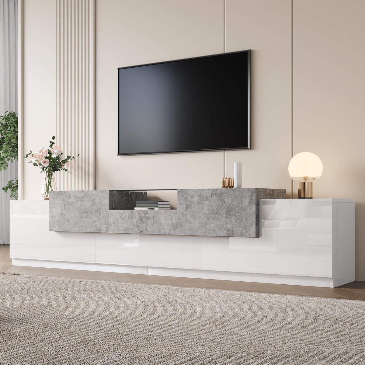 TV-SCHRANK Weiß Zementgrau mit Schublade und Glastür - Weiß, Holzwerkstoff (200/48.5/33cm) - FLIEKS