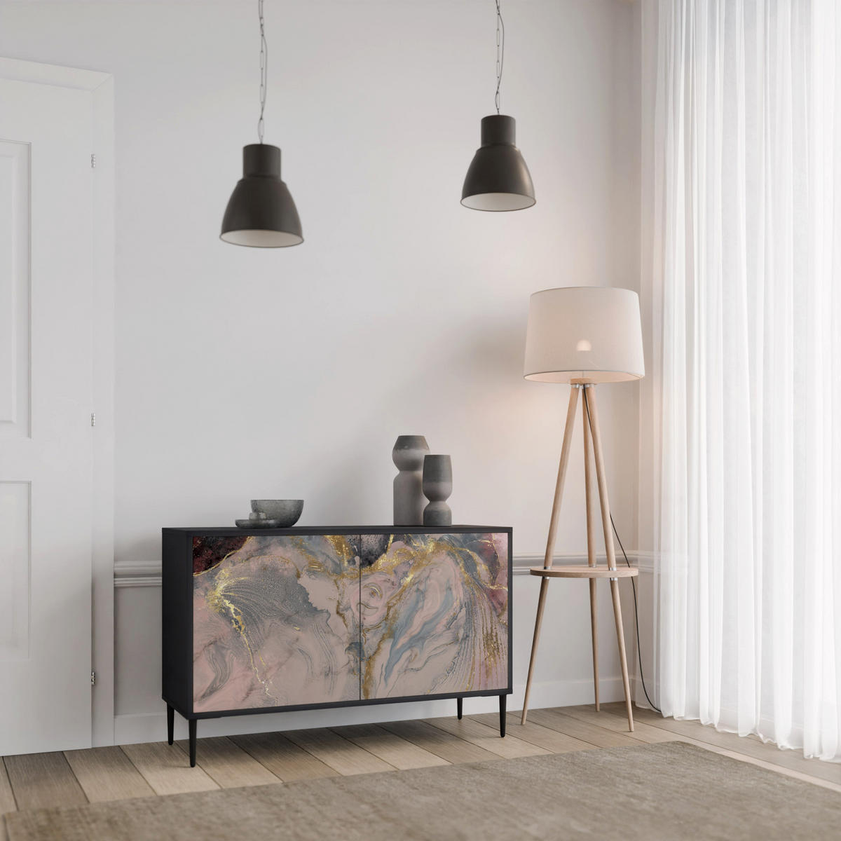 SIDEBOARD GILDED SWIRLS, Eicheneffekt, 111x42x77,5 cm, 2 Türen - Eichefarben/Buchefarben, Holzwerkstoff/Buchenholz (111/77.5/42cm) - SpaceRebels