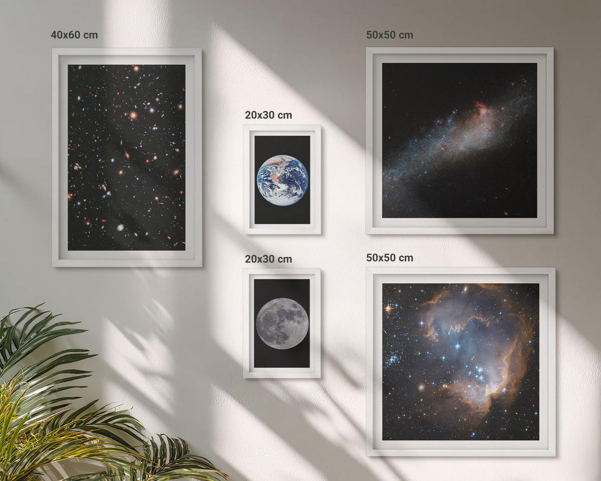 BILDER SET 5er Set - 50x50 cm & 20x30 cm & 40x60 cm Weißer Rahmen - Galaxie Weltraum Mond - Weiß, Kunststoff (40/60cm) - TULUP