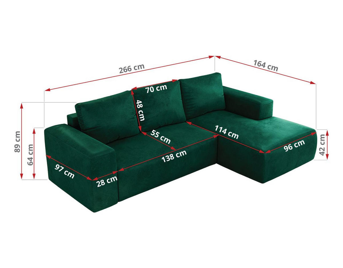ECKSOFA TRENTINO L Dunkelgrün Velvet - Links - Dunkelgrün/Schwarz, Textil (266/164cm) - MKS