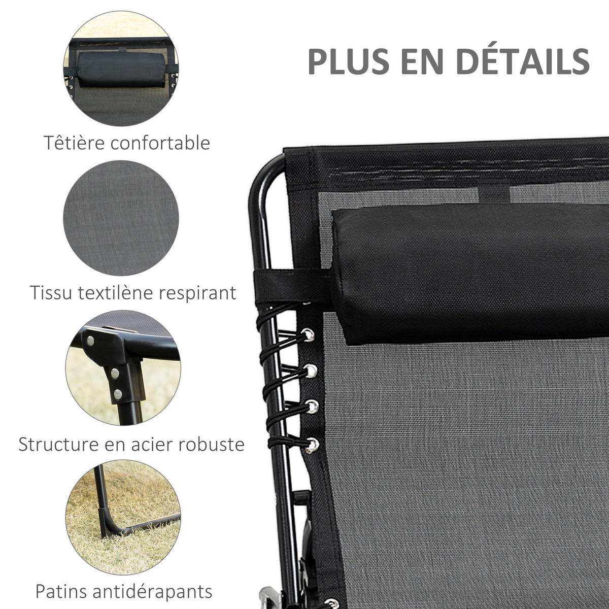 SONNENLIEGE DE-15609 189/58/30 cm, 5-fach verstellbar, Seitentasche Schwarz - Schwarz, Metall (58/30/189cm) - ComfortXL
