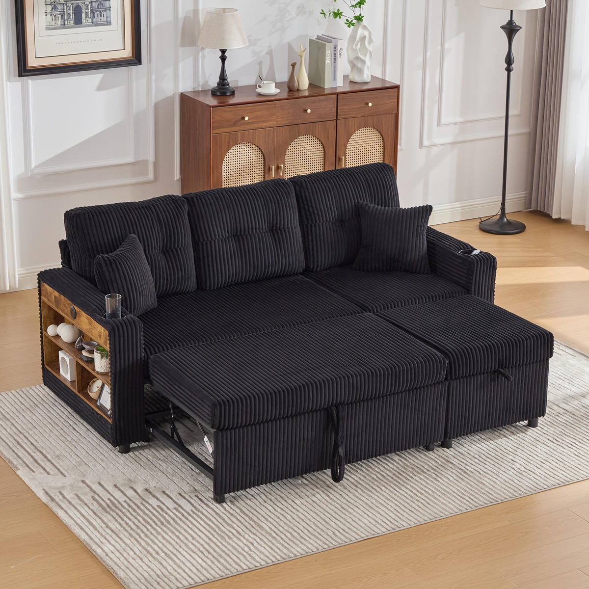 ECKSOFA mit Stauraumfunktion,Cordstoff,Schwarz - Schwarz, Textil (144/195cm) - KOMHTOM