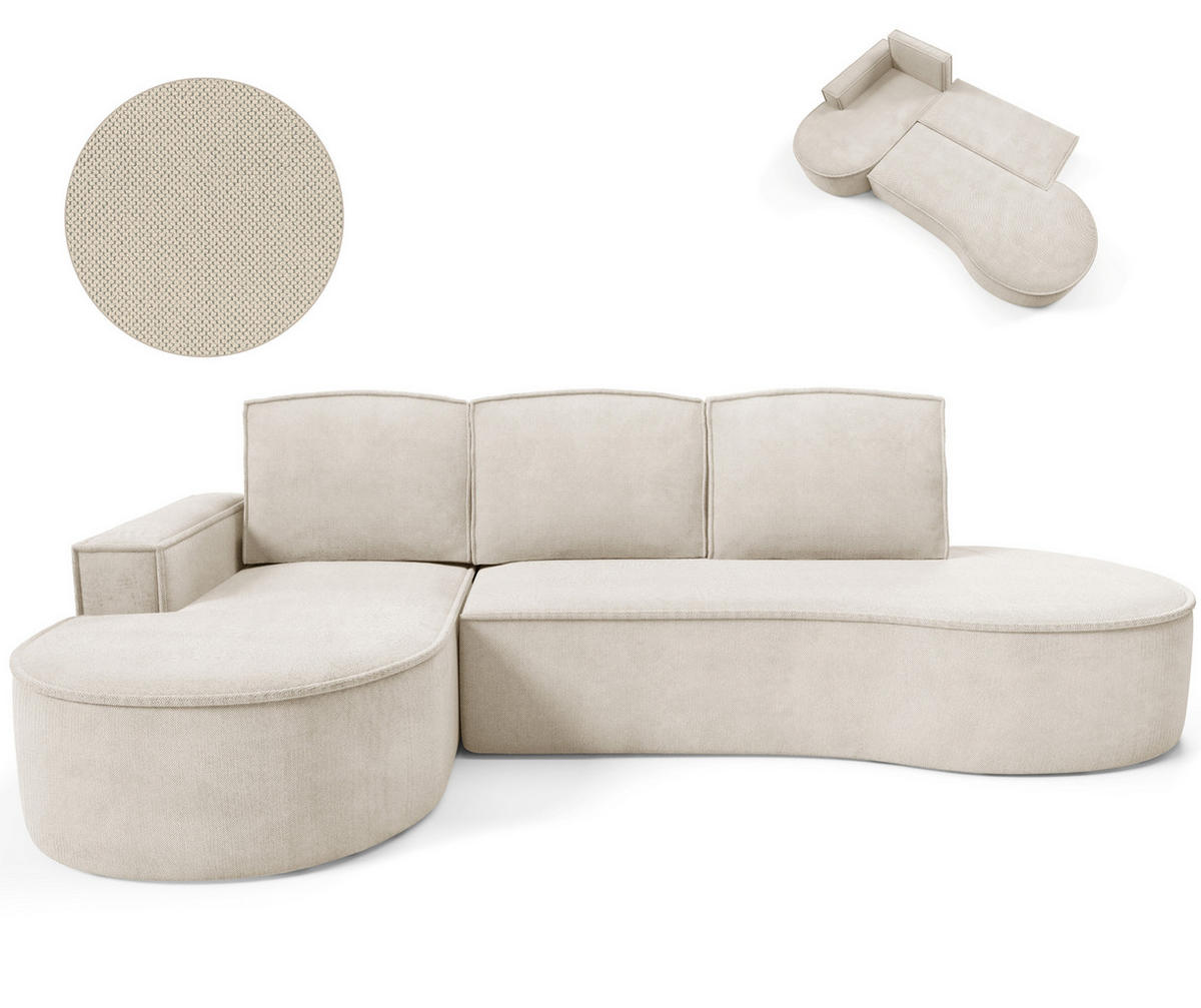 ECKSOFA MOLLY mit Schlaffunktion – Halbrund, freistehend, Liegefläche 140x207 cm, 3 Kissen, Abriamo-Stoff, 277x157x88 cm, Links Beige - Beige, Holz/Textil (157/277cm) - DomoHome