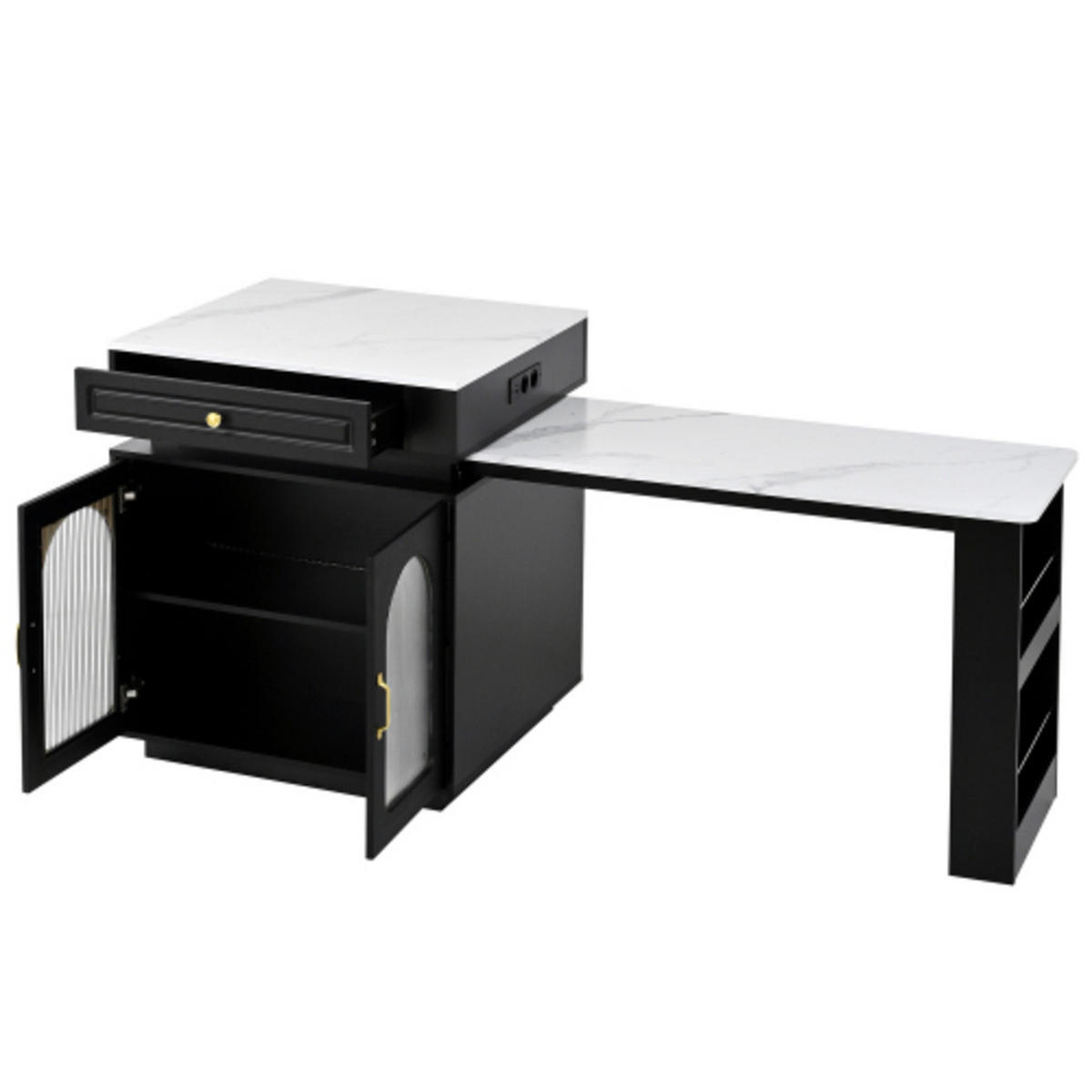 BARTISCH 128–200×71×92 cm aus MDF+Glas mit Riffelglas, LED & USB-Ladestation, schwarz - Schwarz, Holzwerkstoff (200/71/92cm) - Luhomfu