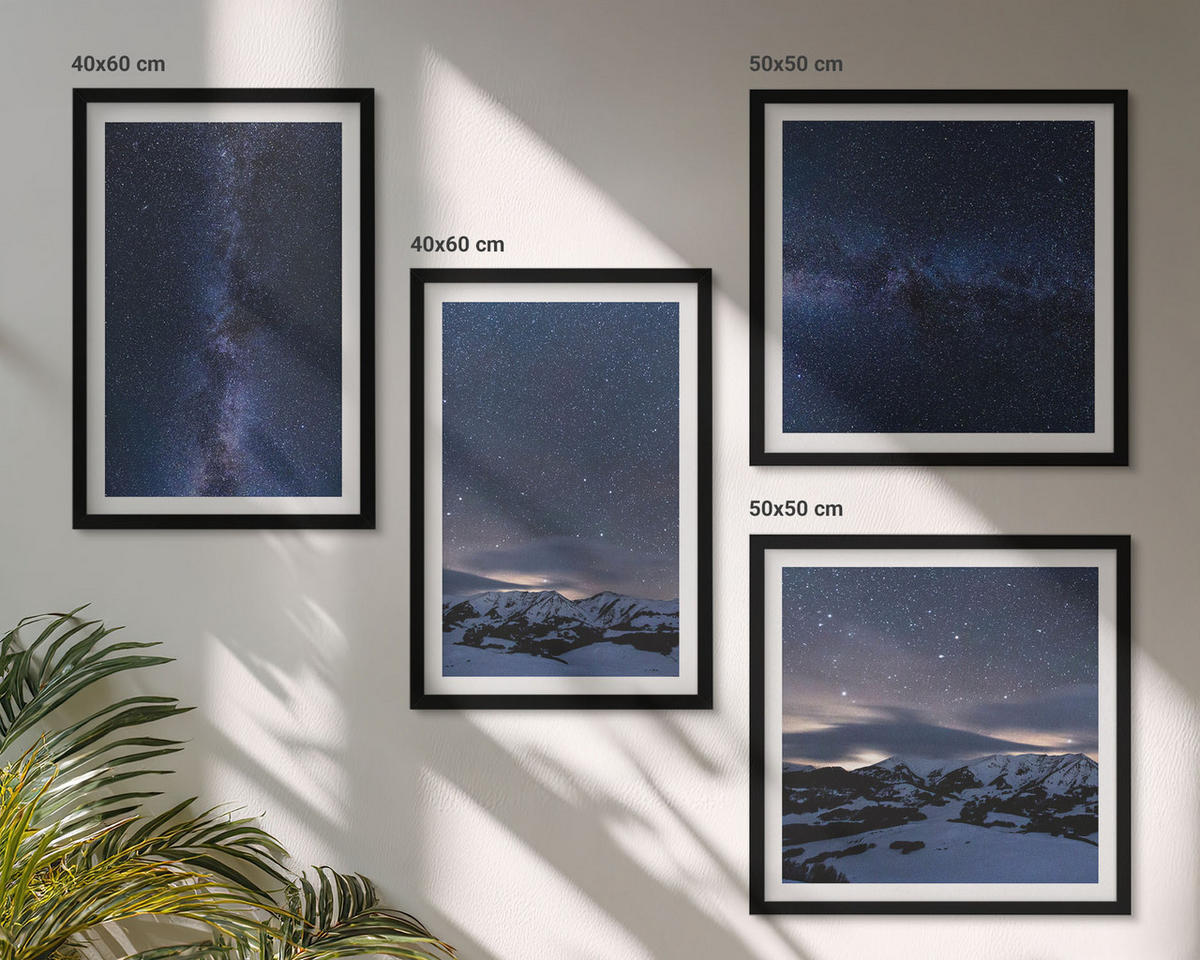 BILDER SET 4er Set - 50x50 cm & 40x60 cm Schwarzer Rahmen - Nachthimmel, Berge, Sterne - Schwarz, Kunststoff (50/50cm) - TULUP