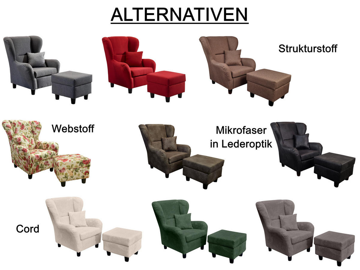 OHRENSESSEL mit HOCKER, hoher Sitzkomfort durch Wellenunterfederung, Mikrofaser Leder-Optik Vintage Schwarz / 18007 - Schwarz, Holz/Textil (90/98/76cm) - luma-home