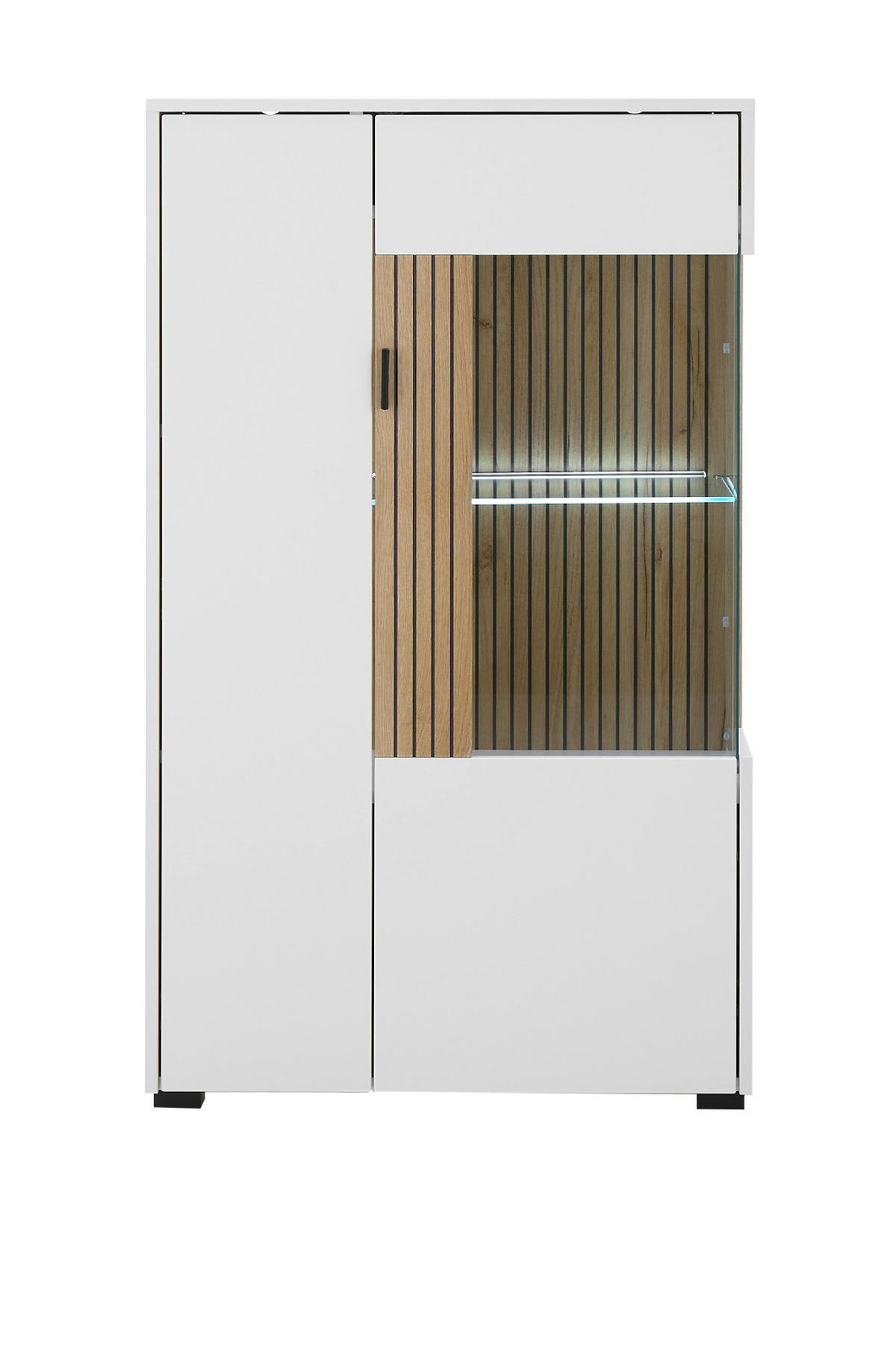 VITRINE weiß matt, Eiche 75 x 125 cm, Highboard mit Soft-Close-Funktion - Eichefarben/Schwarz, Glas/Holzwerkstoff (75/125/38cm)