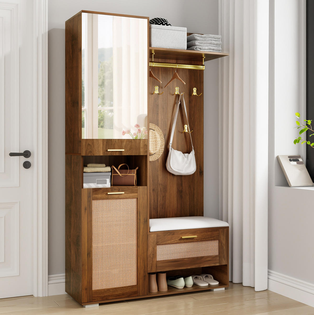 GARDEROBENSET 110/38/190 cm aus MDF und Spanplatte mit Spiegel und LED-Beleuchtung Walnuss/Weiß - Walnussfarben, Holzwerkstoff (38/190/110cm) - Modenvie