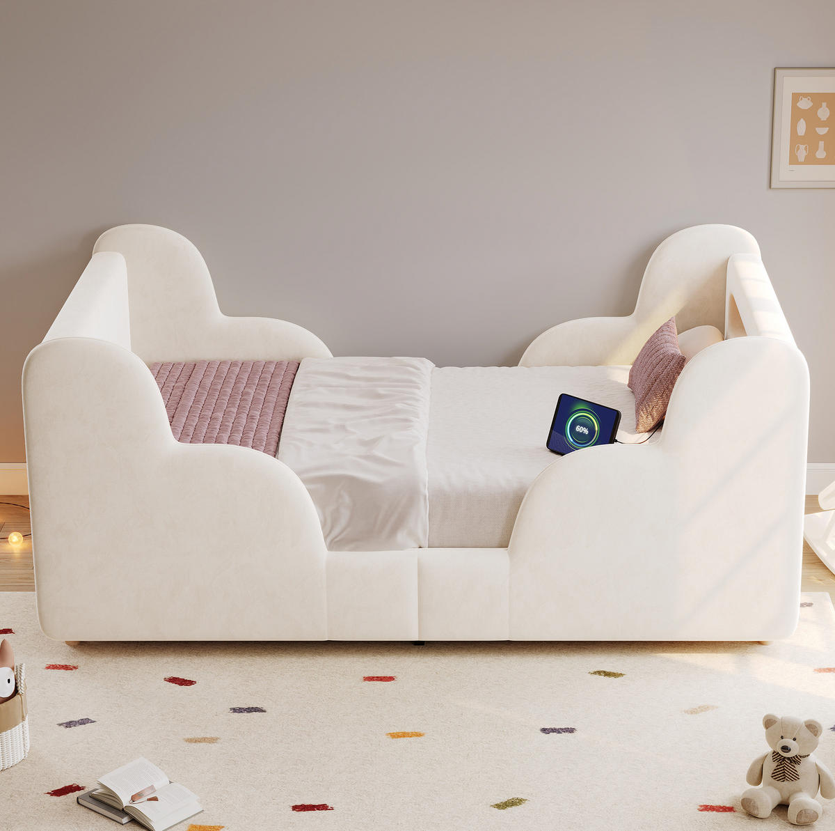 KINDERBETT 90/200 cm aus Samt mit Schutzgeländer Nachtlicht und USB-Anschluss Beige - Beige, Textil (90/200cm) - Modenvie