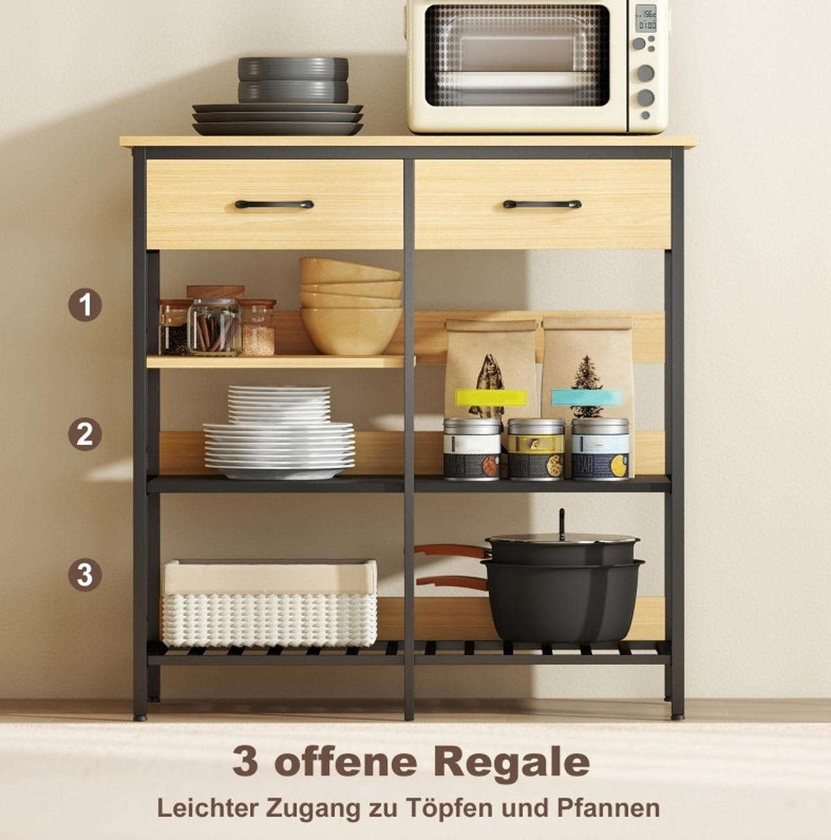 SIDEBOARD aus Holzwerkstoff 90x40x91 cm Naturfarben mit 2 Schubladen und 3 offenen Fächern im Industrial-Stil - Naturfarben, Holzwerkstoff (90/91/40cm) - Modfu