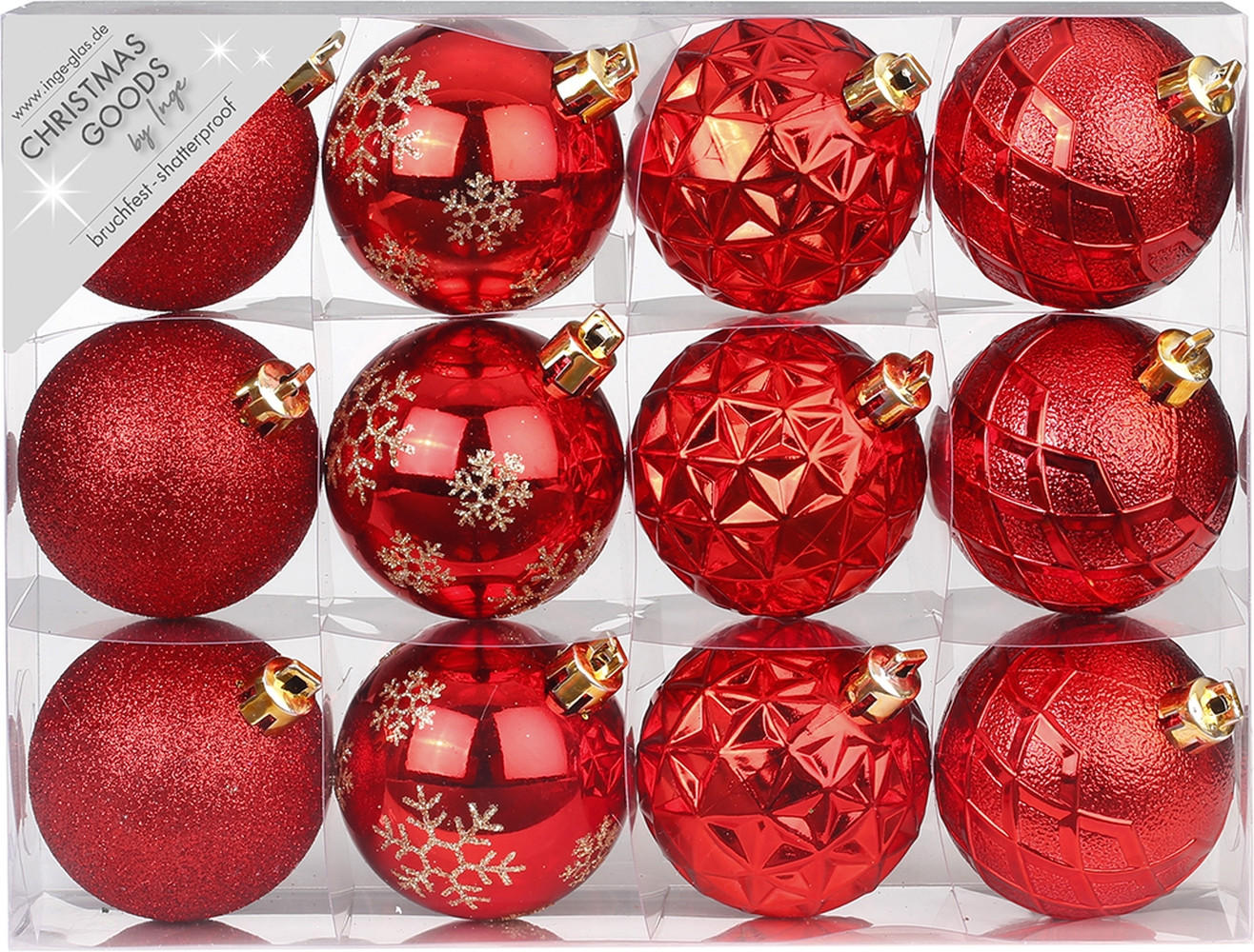LAALU CHRISTBAUMKUGEL-SET 12 Ornamenten: rote runde Mix-Ornamente 6 cm - Rot, Kunststoff (0.01/1/0.01cm) - LAALU