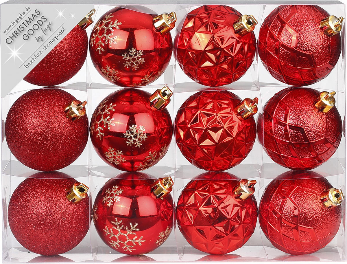 CHRISTBAUMKUGEL-SET 12 Ornamenten: rote runde Mix-Ornamente 6 cm - Rot, Kunststoff (0.01/1/0.01cm) - LAALU