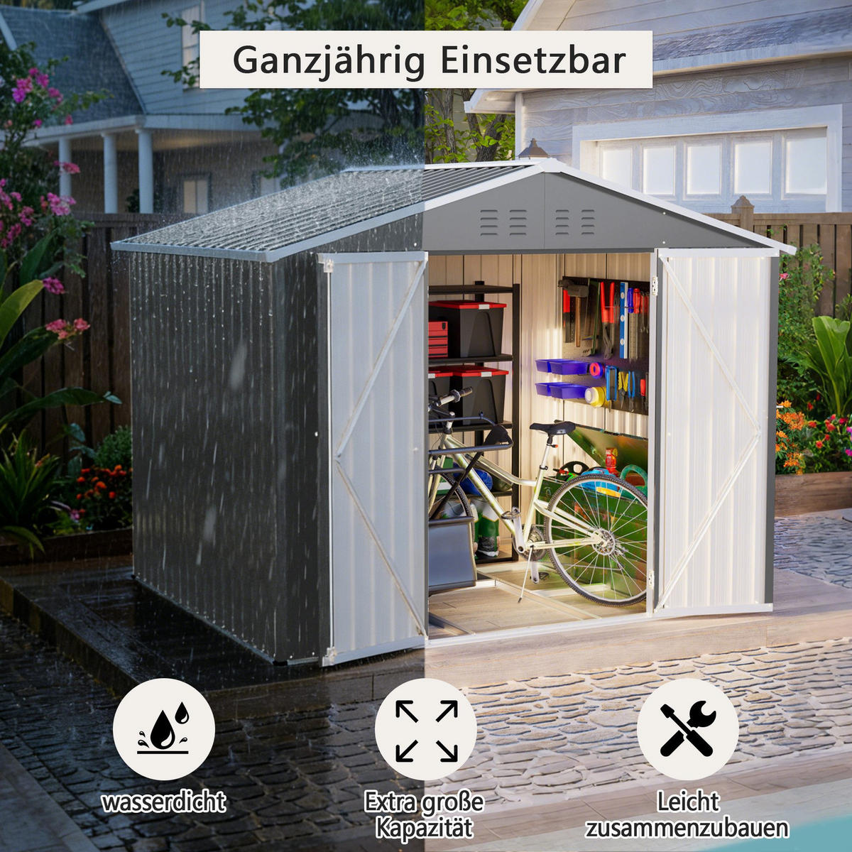 GERÄTEHAUS Metall-Geräteschuppen mit Belüftungslöchern - Grau, Metall (229.4/180cm)