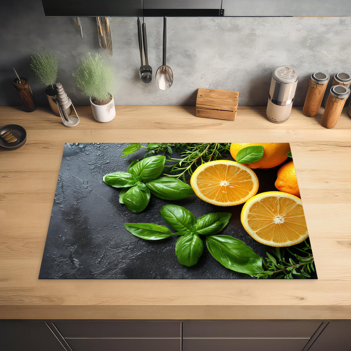 HERDABDECKPLATTE Obst - Grau - Konkret - Orange - Pflanzen Herdabdeckung Induktionsfeld 75x52 cm - Anthrazit, Kunststoff (75/52/0.2cm) - MuchoWow