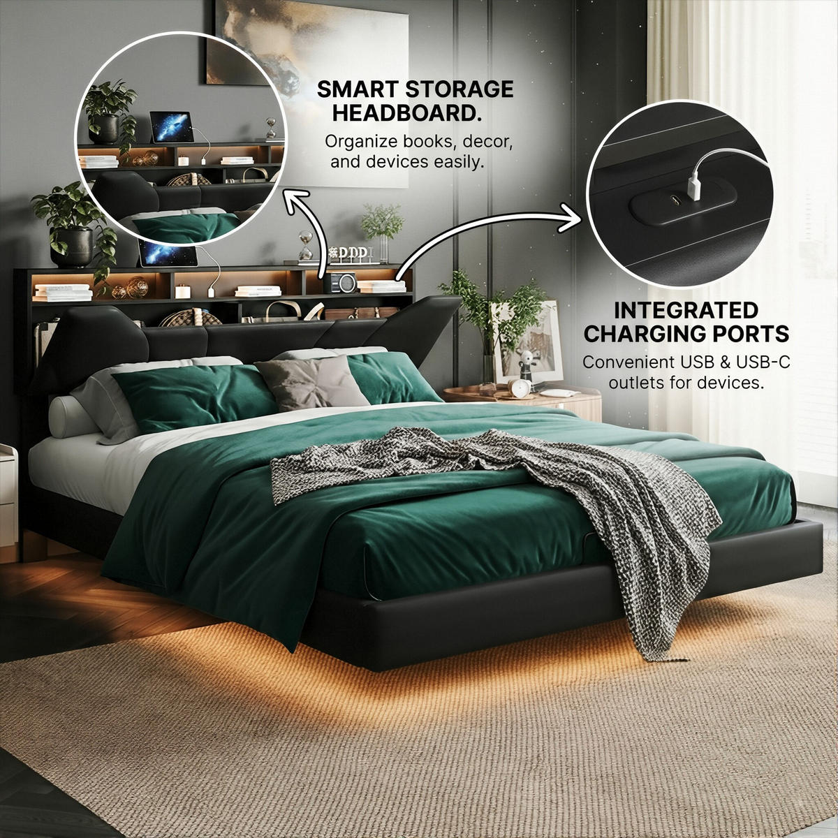 POLSTERBETT Modern 140/200 cm mit Bettkasten & App-LED Kunstleder Schwarz - Schwarz, Textil (140/200cm) - Creahappy