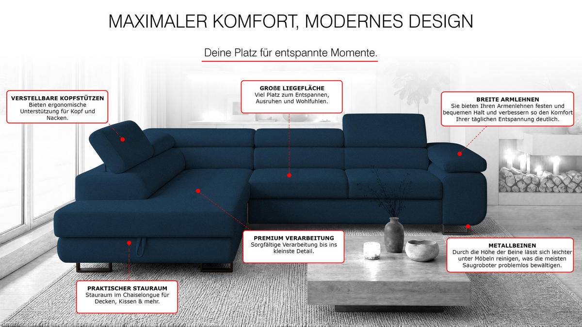 ECKSOFA Velmo mit Bettkasten und Schlaffunktion, verstellbaren Kopfstützen, in L-Form - Blau, Textil (275/203cm)