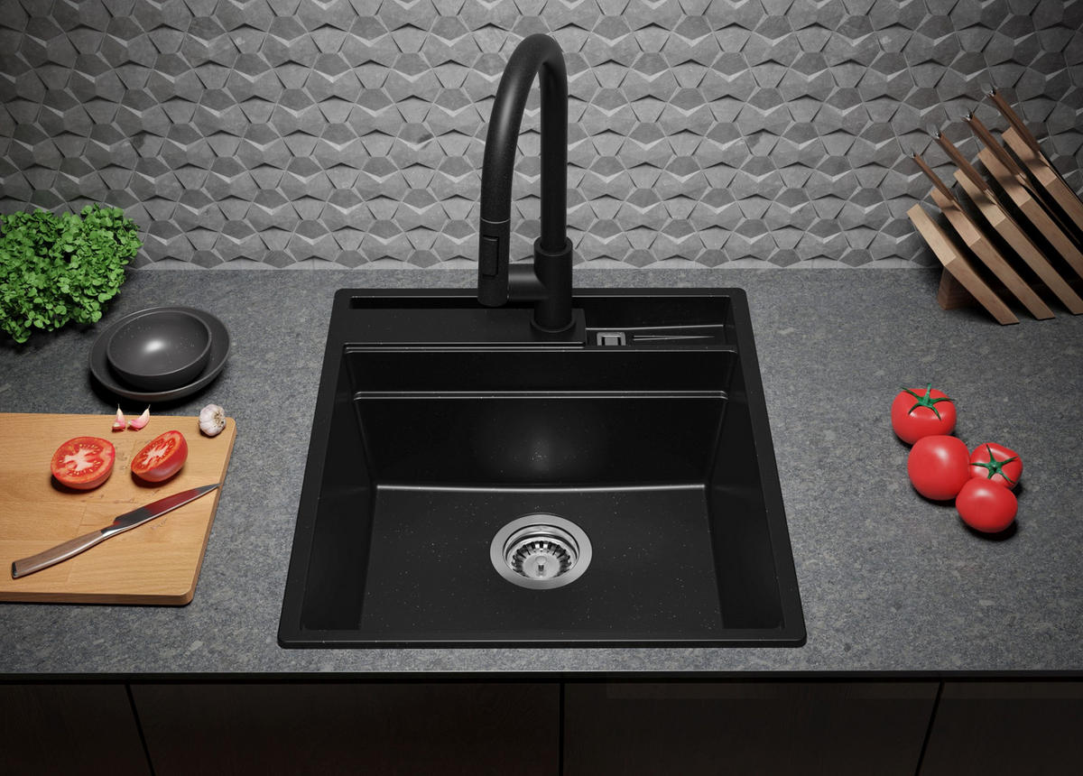 SPÜLBECKEN Oslo Pocket, 2-er set Schwarz Metallic 48/53 cm 1 Becken + Ablauf-Set + Küchenzubehörset ab 50er Unterschrank - Chromfarben/Schwarz Hochglanz, Kunststoff (48/20/53cm) - Primagran