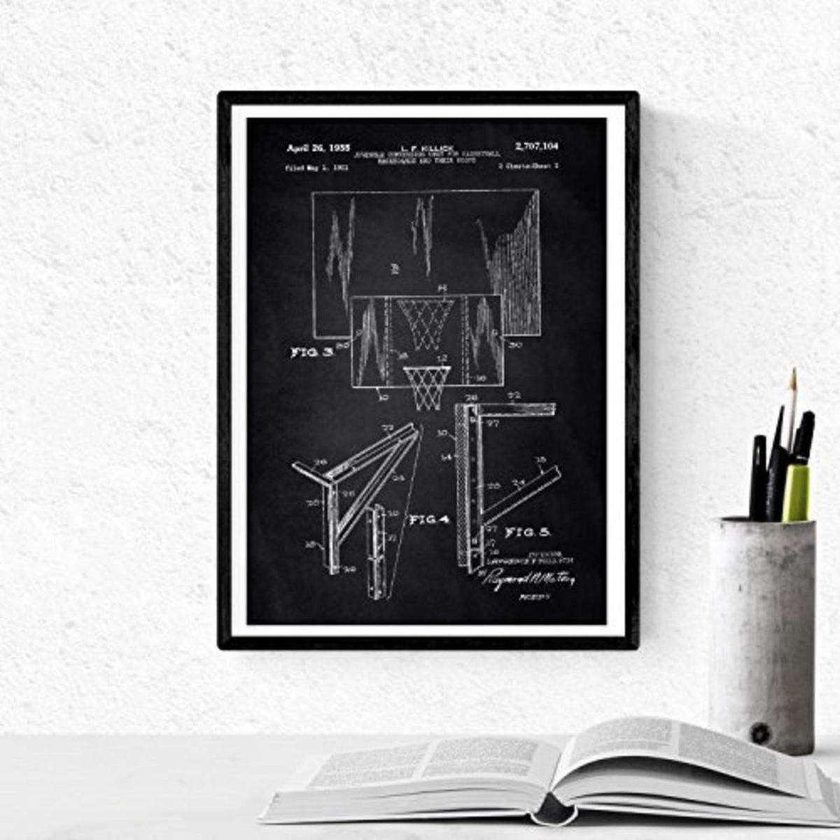 POSTER Set mit 4 Schwarz Basketball Patent A4 Schwarzer Rahmen - Schwarz, Papier (29.7/3cm) - Nacnic