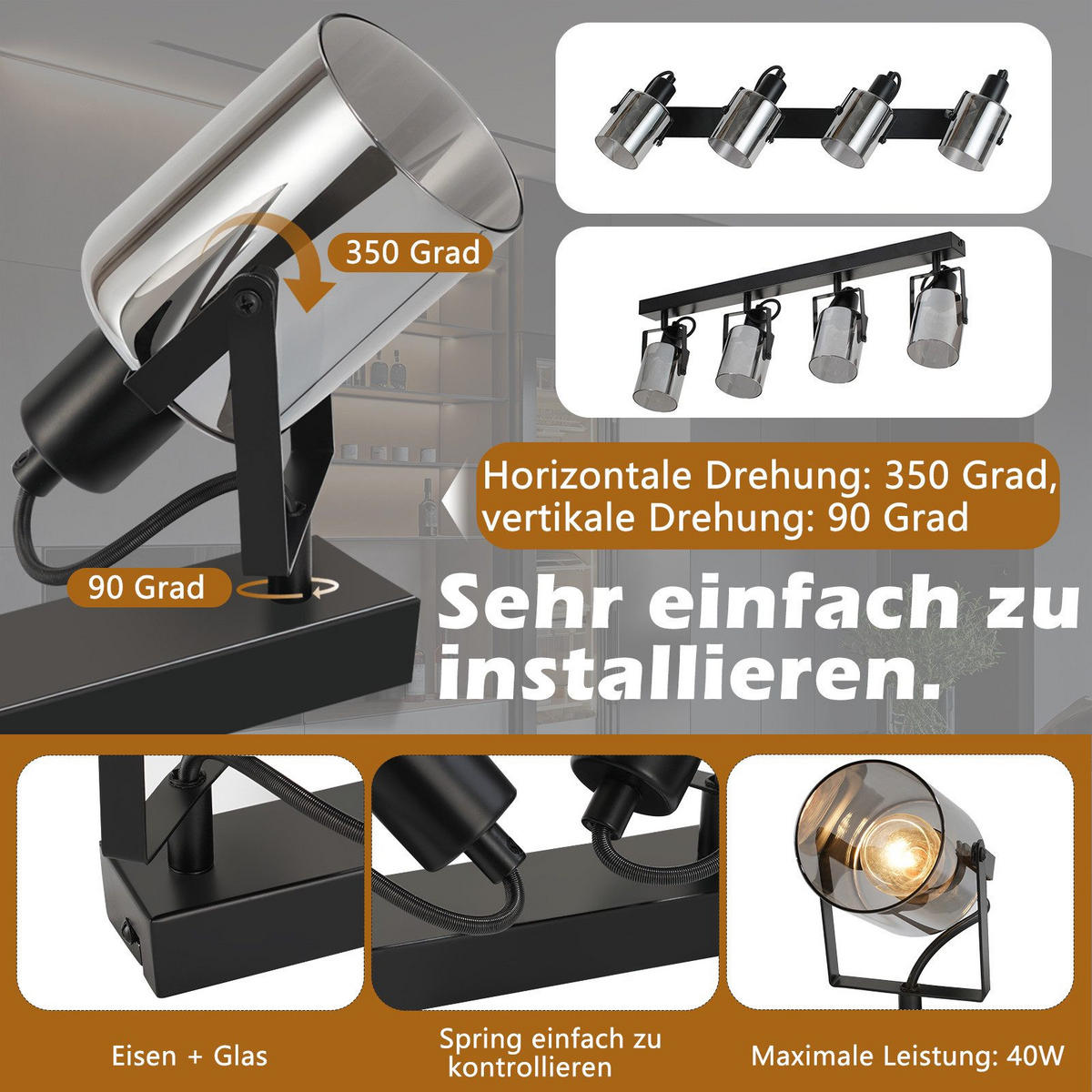 STRAHLER Minden 4-flammig 63.5/9.5/18 cm - Schwarz, Metall (63.5/9.5/18cm) - Nettlife