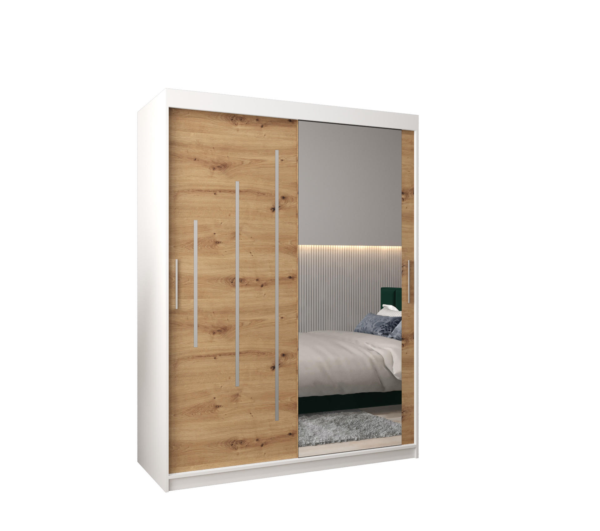 Abiks Möbel Schwebetürenschrank Weiß, Eiche Artisan 150x200x62 cm