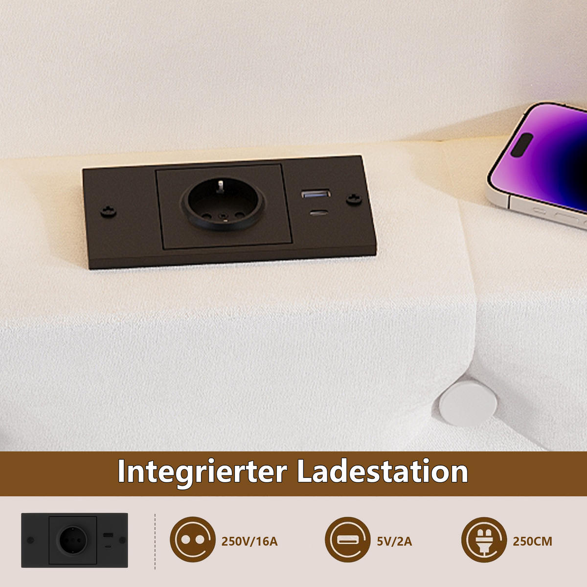 POLSTERBETT 160x200 Cm Velours Mit LED, USB & 2 Schubladen Weiß - Weiß, Holz (160/200cm)