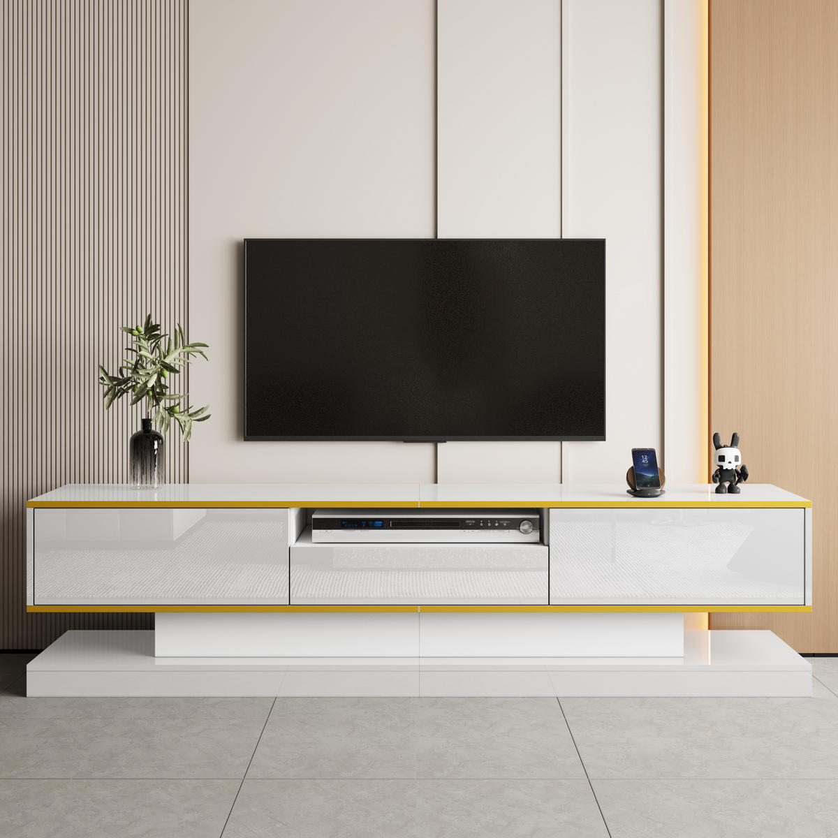 TV-ELEMENT180X38X45CM Weiß-Hochglanz mit LED-Beleuchtung und 3 Schubladen - Weiß, Holz (44.45/20.96/78.74cm) - Raelunyi