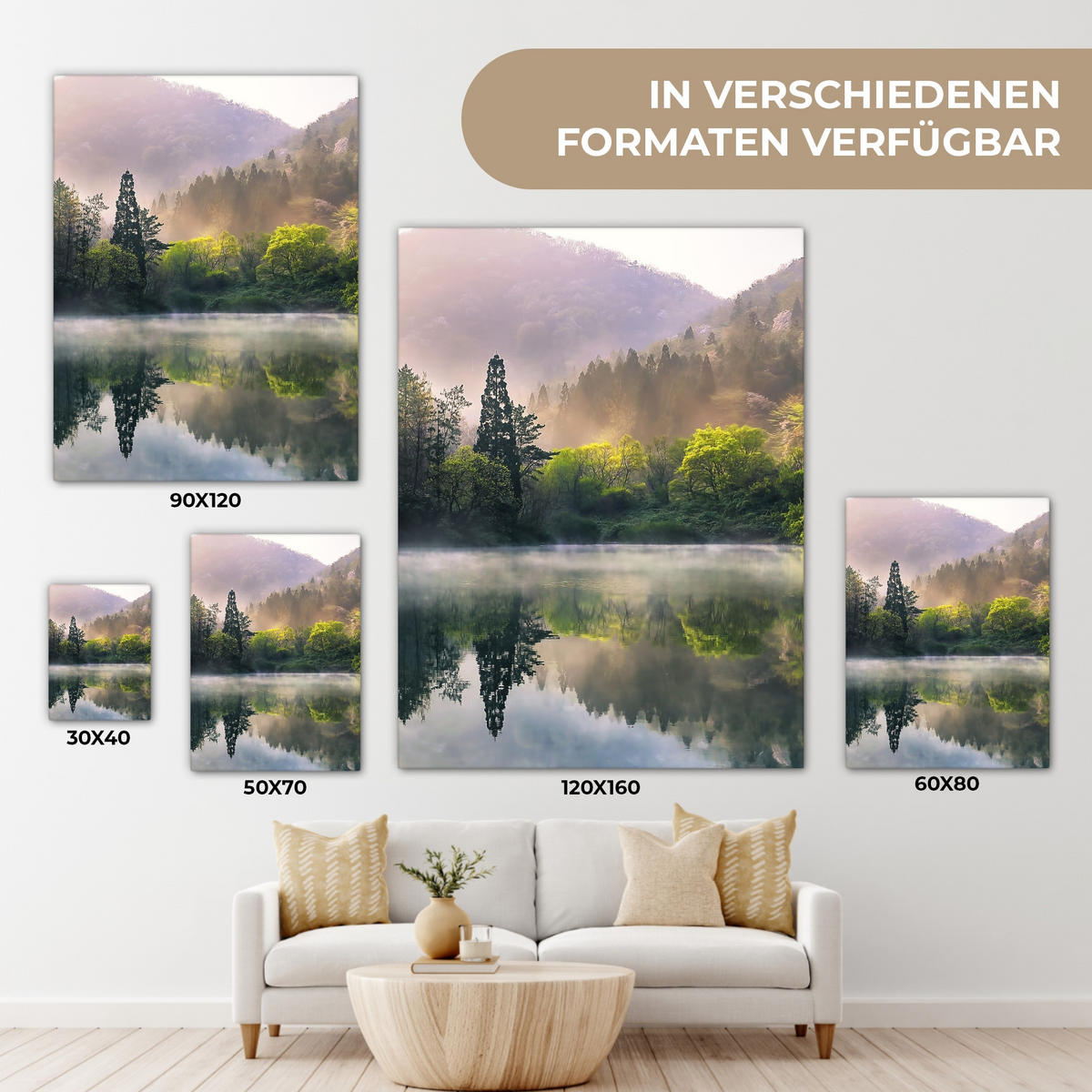 LEINWANDBILD Natur - Bäume - Berge - See - Wasser 60x80 cm - Hellgrün, Textil (60/80cm) - MuchoWow
