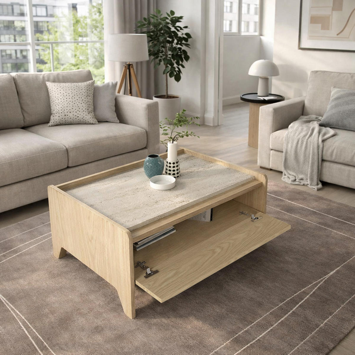 MOEBEL17 Couchtisch – Moderner Couchtisch mit Ablage – Wohnzimmertisch Design – Sofatisch – Minimalistischer Tisch Wohnzimmer – Rechteckiger Couchtisc - Naturfarben, Holzwerkstoff (60/77/38cm)