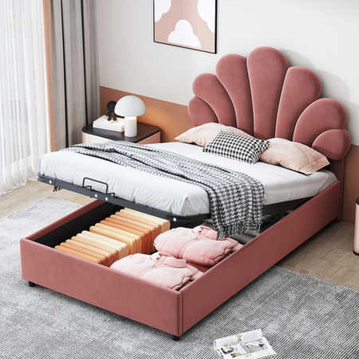POLSTERBETT 90x200 Rosa Samt Stauraum - Pink, Textil (90/200cm) - FLIEKS