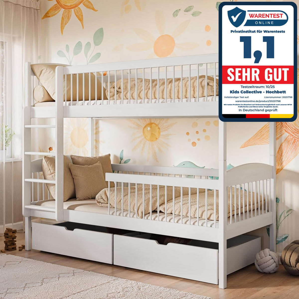 ETAGENBETT mit zwei Schubladen 80x180 cm in Weiß - Weiß, Holz (80/180cm) - Kids Collective