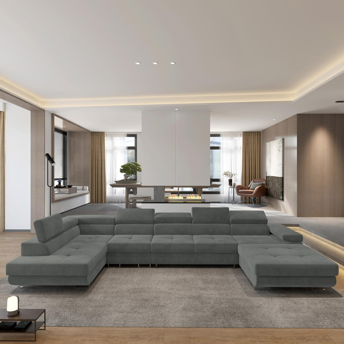 ROHOVÁ SEDAČKA VELORA šedá - šedá/stříbrná, kov/dřevo (419/90/202cm) - MASSENO