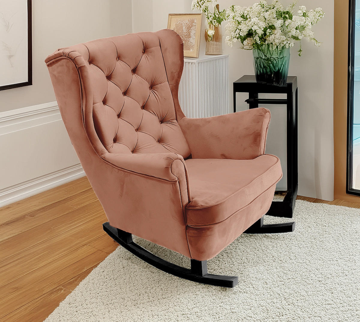 SCHAUKELSESSEL mit gepolstertem Sitz und Armlehnen, 102x81x95 cm, Powder Pink_29832 - Pink/Schwarz, Holz/Textil (81/102/95cm) - DomoHome